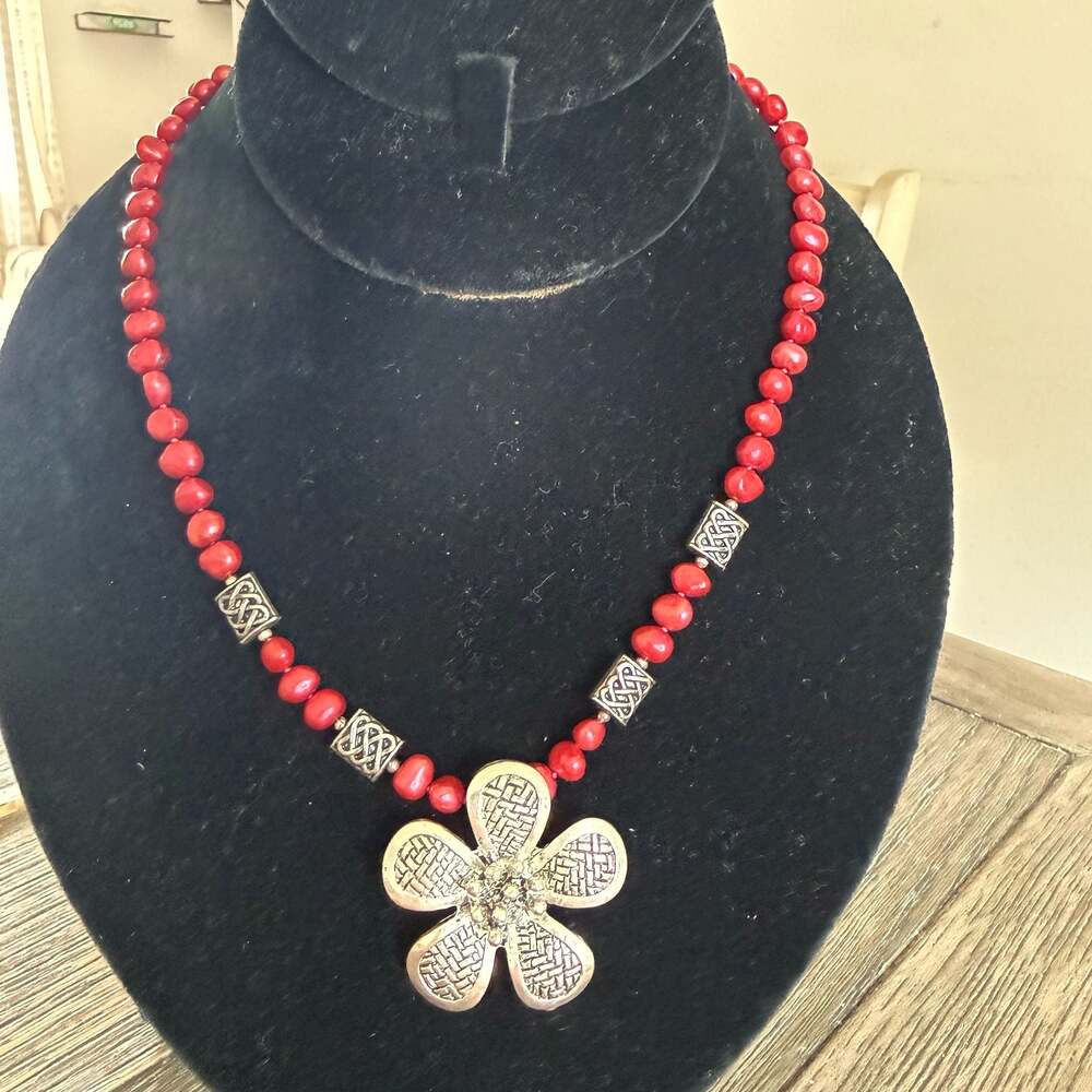 Vintage Style Red Beaded Necklace with Silver Flower Pendant and Celtic Beads